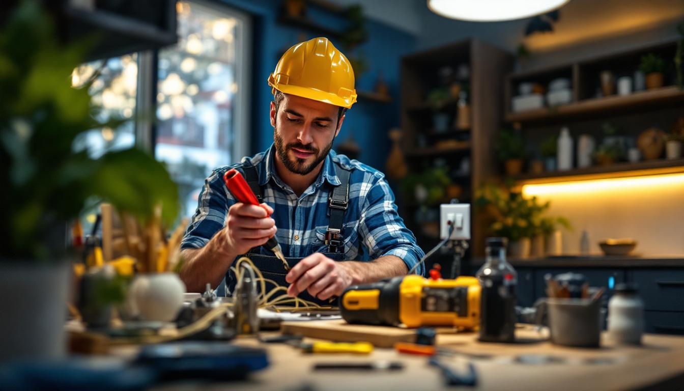 A photograph of a skilled lighting contractor demonstrating the installation of a 3-way switch in a well-lit home environment