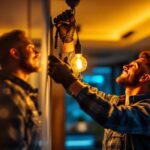 A photograph of a lighting contractor carefully installing a stylish connector lighting fixture in a modern space