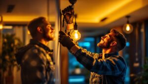 A photograph of a lighting contractor carefully installing a stylish connector lighting fixture in a modern space