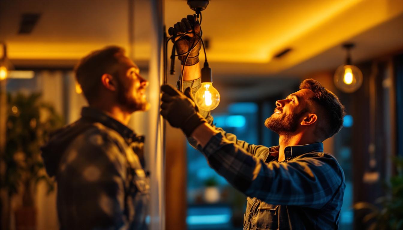 A photograph of a lighting contractor carefully installing a stylish connector lighting fixture in a modern space