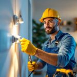 A photograph of a skilled lighting contractor installing or inspecting various types of electrical receptacles in a well-lit residential setting