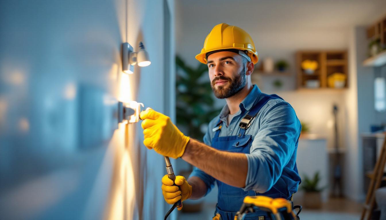 A photograph of a skilled lighting contractor installing or inspecting various types of electrical receptacles in a well-lit residential setting