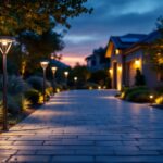 A photograph of a well-lit driveway featuring stylish solar lighting fixtures at dusk