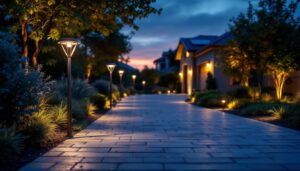 A photograph of a well-lit driveway featuring stylish solar lighting fixtures at dusk
