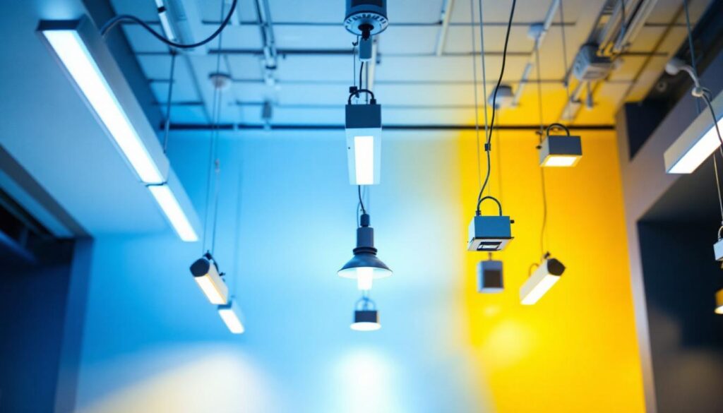 A photograph of a modern lighting installation featuring sleek light fixtures with visible ballasts