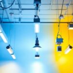 A photograph of a modern lighting installation featuring sleek light fixtures with visible ballasts
