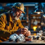 A photograph of a lighting contractor examining various hid bulbs in a well-lit workshop