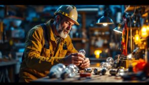 A photograph of a lighting contractor examining various hid bulbs in a well-lit workshop