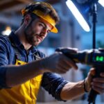 A photograph of a skilled lighting contractor expertly installing or demonstrating the use of an electric whip in a modern