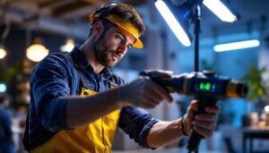 A photograph of a skilled lighting contractor expertly installing or demonstrating the use of an electric whip in a modern