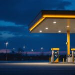 A photograph of a well-lit gas station at dusk
