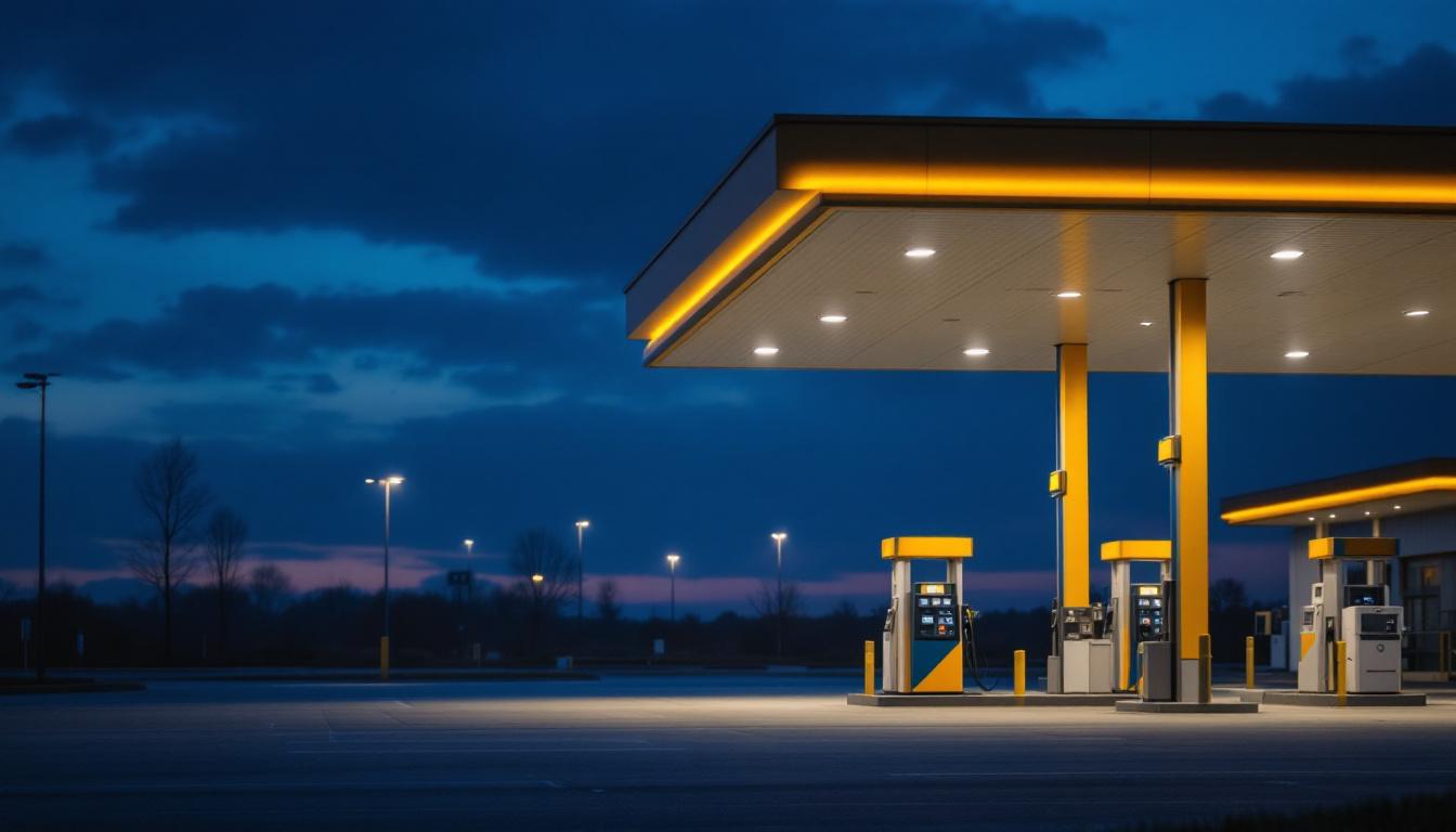 A photograph of a well-lit gas station at dusk