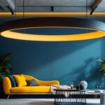 A photograph of a beautifully designed large hanging light fixture in a stylish interior setting