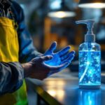 A photograph of a lighting contractor using an ultraviolet hand sanitizer in a well-lit workspace