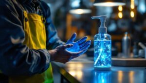 A photograph of a lighting contractor using an ultraviolet hand sanitizer in a well-lit workspace