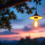 A photograph of a beautifully lit outdoor space featuring a stylish solar-powered pendant light hanging from a tree or pergola