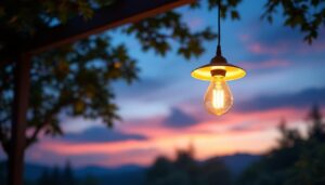 A photograph of a beautifully lit outdoor space featuring a stylish solar-powered pendant light hanging from a tree or pergola