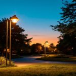 A photograph of a well-lit park at dusk