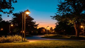 A photograph of a well-lit park at dusk