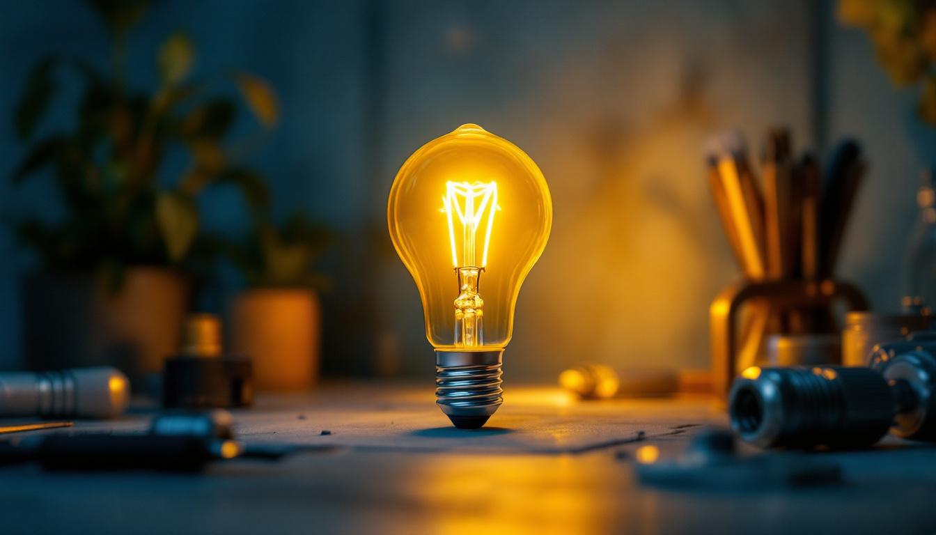 A photograph of a medium base light bulb in an aesthetically pleasing setting