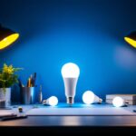 A photograph of a well-lit workspace featuring various a19 led bulbs in different settings