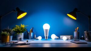 A photograph of a well-lit workspace featuring various a19 led bulbs in different settings