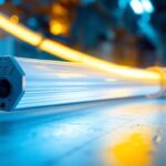 A photograph of a close-up shot of a fluorescent light ballast alongside a fluorescent tube in a well-lit workshop setting