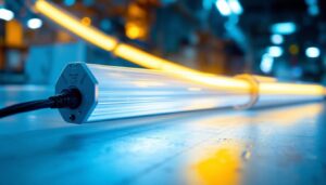 A photograph of a close-up shot of a fluorescent light ballast alongside a fluorescent tube in a well-lit workshop setting