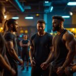 A photograph of a diverse group of gym trainers actively engaging with their team in a well-lit training session