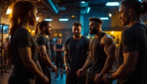 A photograph of a diverse group of gym trainers actively engaging with their team in a well-lit training session