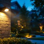 A photograph of a motion detector spotlight illuminating a beautifully landscaped area at dusk