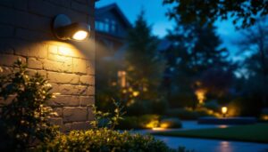 A photograph of a motion detector spotlight illuminating a beautifully landscaped area at dusk