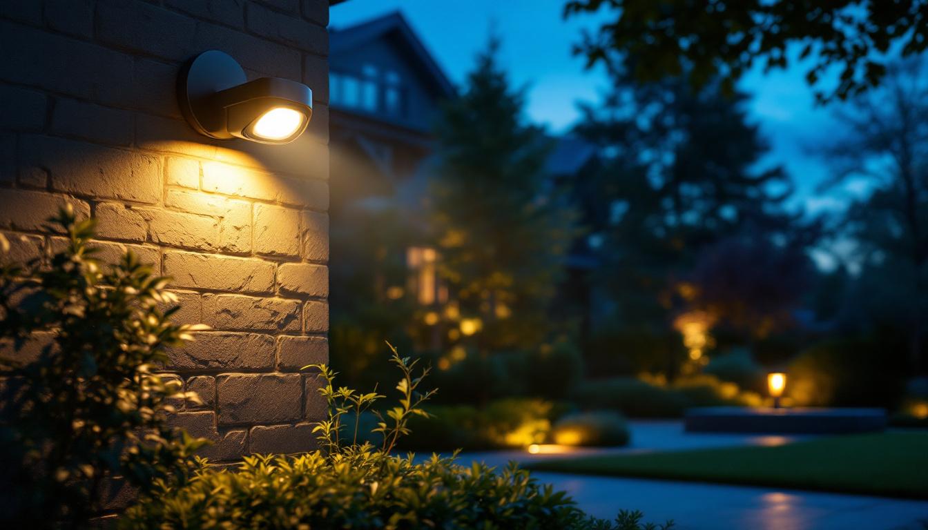 A photograph of a motion detector spotlight illuminating a beautifully landscaped area at dusk