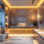 A photograph of a beautifully designed bathroom featuring elegant recessed lighting