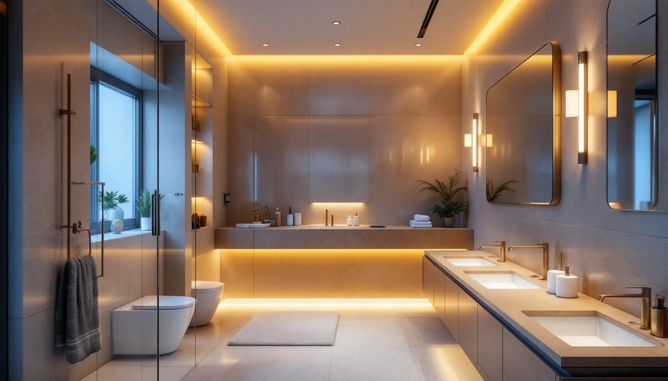 A photograph of a beautifully designed bathroom featuring elegant recessed lighting
