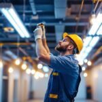 A photograph of a lighting contractor working in a commercial space