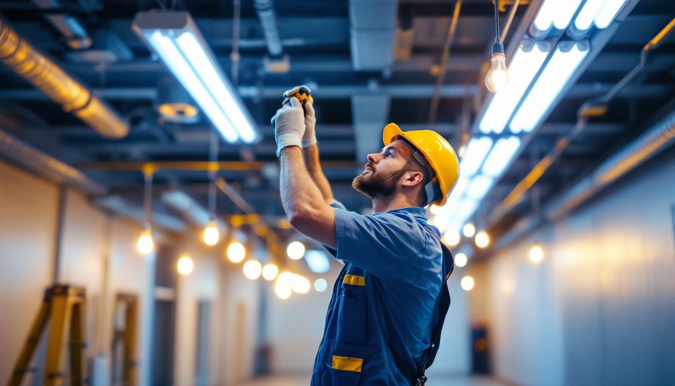A photograph of a lighting contractor working in a commercial space