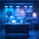 A photograph of a well-lit garage showcasing various led lamps in use