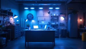A photograph of a well-lit garage showcasing various led lamps in use