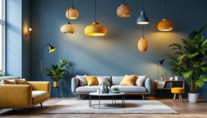 A photograph of a stylishly designed room featuring a variety of lumens pendant lights in different settings