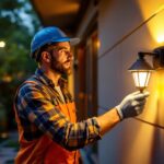 A photograph of a professional lighting contractor installing wall mountable solar lights in a residential outdoor setting
