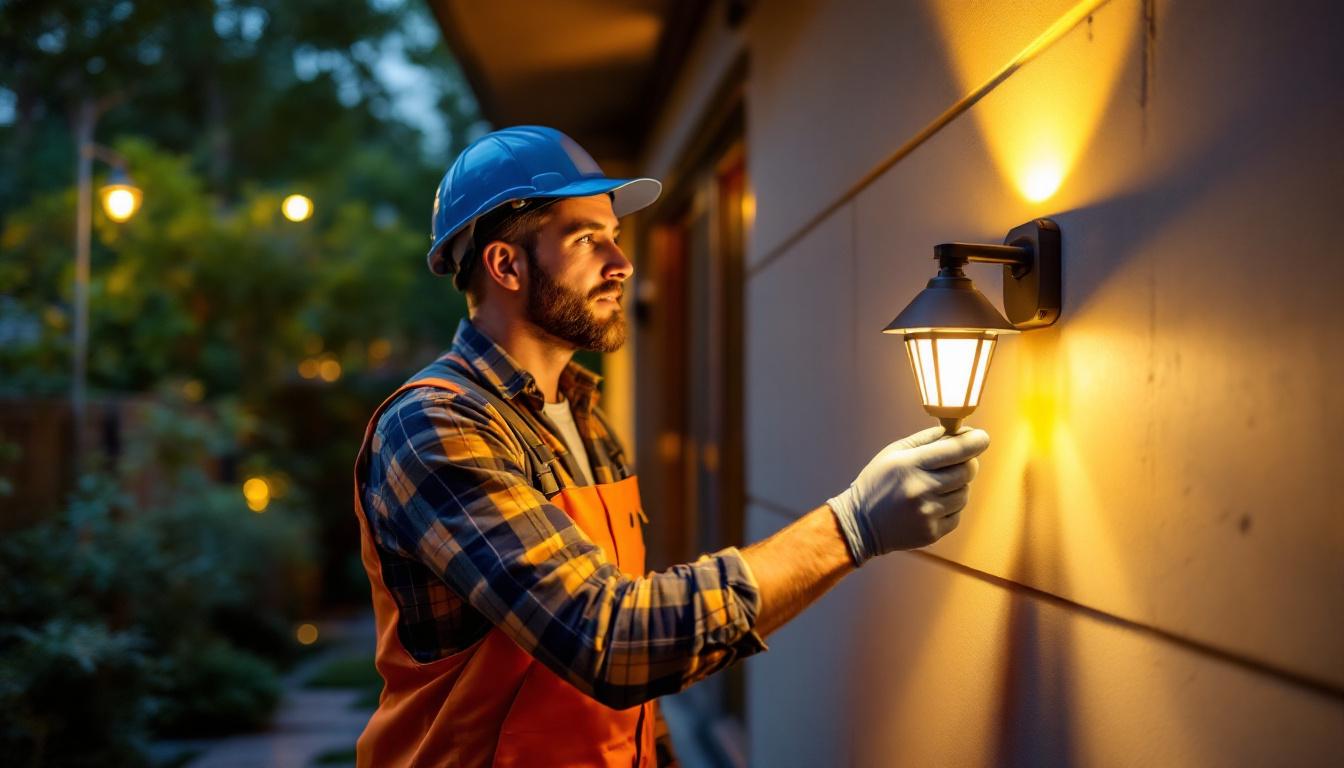 A photograph of a professional lighting contractor installing wall mountable solar lights in a residential outdoor setting