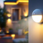 A photograph of a beautifully illuminated outdoor sensor light installed in a modern residential setting