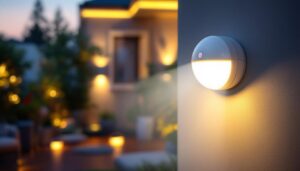A photograph of a beautifully illuminated outdoor sensor light installed in a modern residential setting