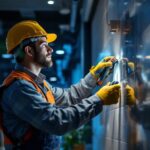 A photograph of a skilled technician expertly installing energy-efficient lighting in a modern commercial space