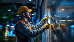 A photograph of a skilled technician expertly installing energy-efficient lighting in a modern commercial space