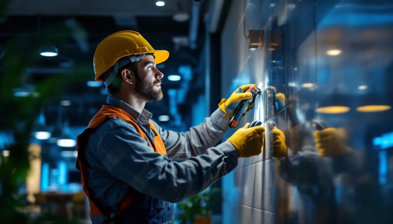 A photograph of a skilled technician expertly installing energy-efficient lighting in a modern commercial space