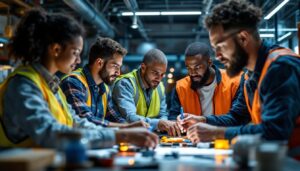 A photograph of a diverse team of professionals engaged in a hands-on training session