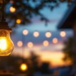 A photograph of a beautifully designed hanging patio light illuminating a cozy outdoor seating area at dusk
