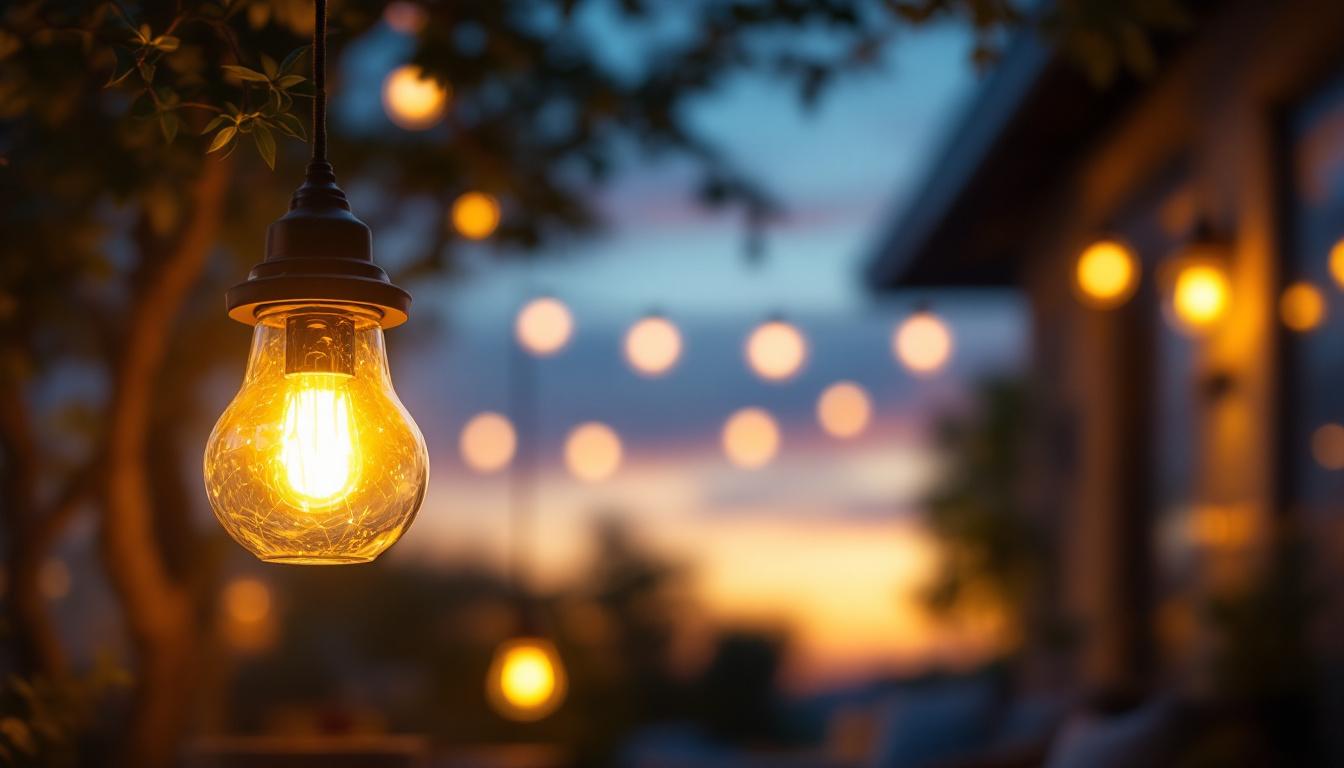 A photograph of a beautifully designed hanging patio light illuminating a cozy outdoor seating area at dusk